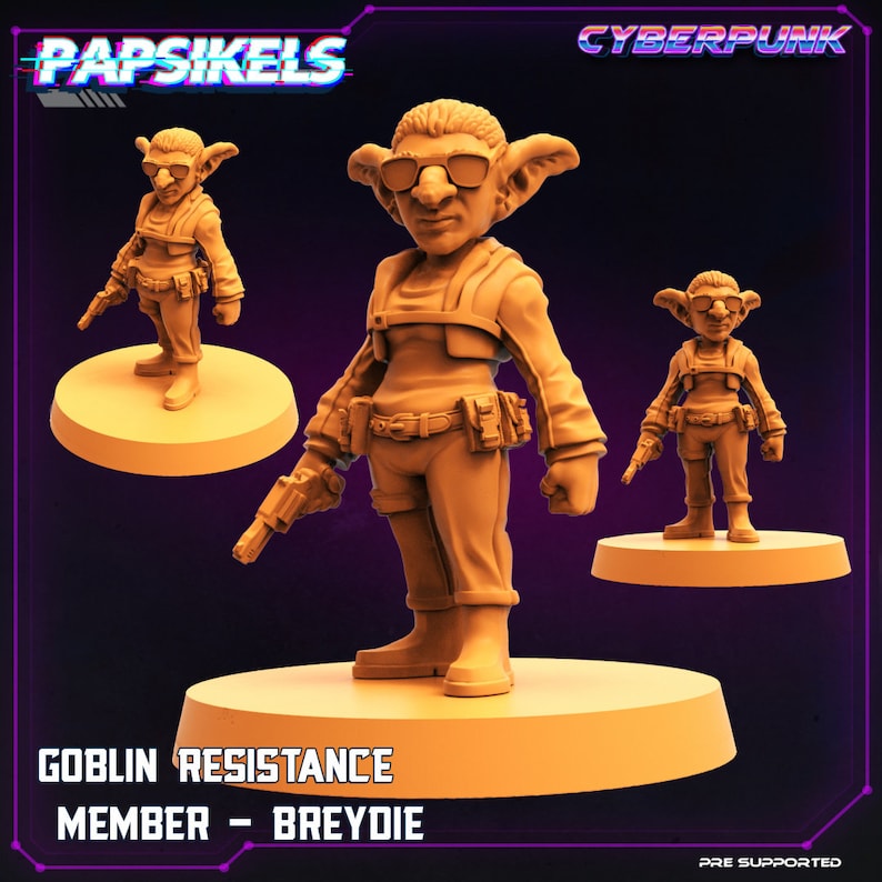 May include: A 3D printed miniature of a goblin character with large ears, wearing a futuristic outfit and holding a gun. The miniature is painted in a light brown color and is standing on a circular base. The text "Goblin Resistance Member - Breydie" is printed below the miniature.