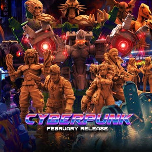 May include: A promotional image for a Cyberpunk-themed product, featuring multiple detailed figurines in various poses. The figures are predominantly tan with red and green accents, set against a futuristic, neon-lit backdrop. The text "CYBERPUNK FEBRUARY RELEASE" is prominently displayed.