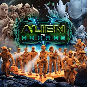 Pode incluir: Imagem promocional de "Alien vs Humans" com figuras detalhadas de alienígenas e soldados humanos. O gráfico central exibe o título em verde e azul. As figuras humanas usam uniformes bege, enquanto os alienígenas estão em tons de cinza e azul.