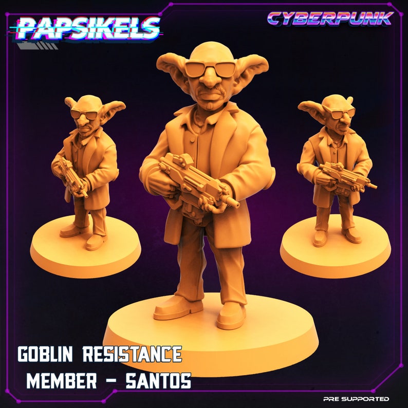 May include: A 3D printed miniature of a goblin wearing a trench coat and holding a gun. The miniature is painted in a light brown color and is standing on a round base. The text "Goblin Resistance Member - Santos" is printed below the miniature.