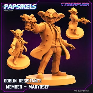 May include: A 3D printed miniature of a goblin wearing a suit and holding a gun. The goblin is standing on a round base. The miniature is painted in a light brown color. The text "Goblin Resistance Member - Maryosef" is printed below the base.