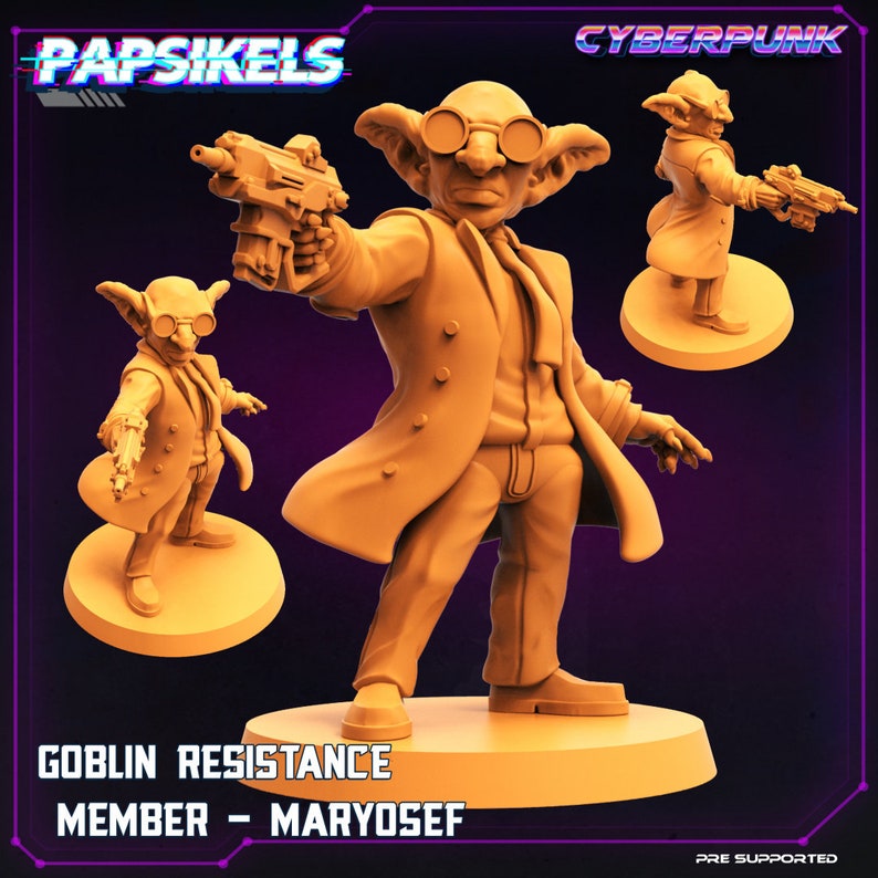 May include: A 3D printed miniature of a goblin wearing a suit and holding a gun. The goblin is standing on a round base. The miniature is painted in a light brown color. The text "Goblin Resistance Member - Maryosef" is printed below the base.