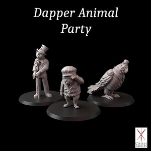 May include: Three detailed figurines of anthropomorphic animals on black bases. The figures include a cat in a top hat and suit, a dog in a cap and jacket, and an owl in a suit and top hat. The text "Dapper Animal Party" is at the top.