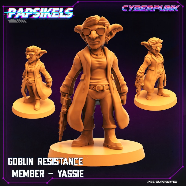 May include: A 3D printed miniature of a goblin wearing a trench coat, sunglasses, and holding a blaster. The miniature is painted in a light brown color and is standing on a round base. The text "Goblin Resistance Member - Yassie" is printed below the miniature.