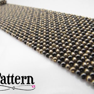 May include: Close-up of a beaded bracelet with a pattern of alternating black and gold beads. The bracelet is made of small, round beads and has a rectangular shape. The word "Pattern" is printed in black script at the bottom.