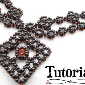 May include: A beaded necklace with a diamond-shaped pendant and floral accents. The necklace features dark brown beads with orange accents and clear and orange gemstones. The word "Tutorial" is displayed in black text.