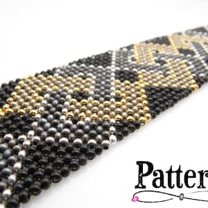 May include: A beaded bracelet with a geometric pattern. The bracelet features black, silver, and gold beads. The word "Pattern" is in the lower right corner. The bracelet is approximately 1.5 inches wide.