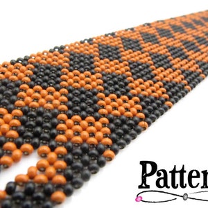 May include: Close-up of a beaded bracelet with a geometric pattern. The bracelet features alternating rows of black and orange beads, creating a zig-zag design. The word "Pattern" is displayed in a stylized font.