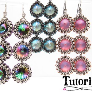 May include: Three pairs of beaded earrings in iridescent, blue, and pink hues. Each earring features a central crystal surrounded by a beaded border. The earrings are suspended from silver-tone hooks. The word "Tutorial" is written in black script.