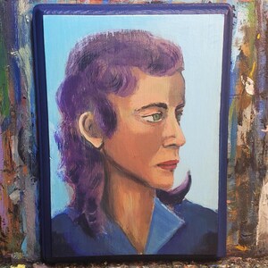 Original Outsider Female Portrait Painting on Wood Plaque