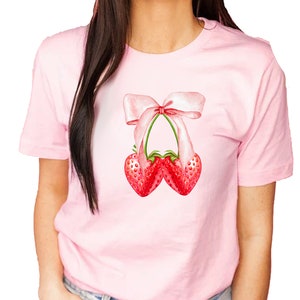 Strawberry Bow shirt, Coquette Clothing, Coquette Aesthetic shirt, coquette strawberry bow shirt, Trending Soft Girl Era Pink Ribbon Shirt.