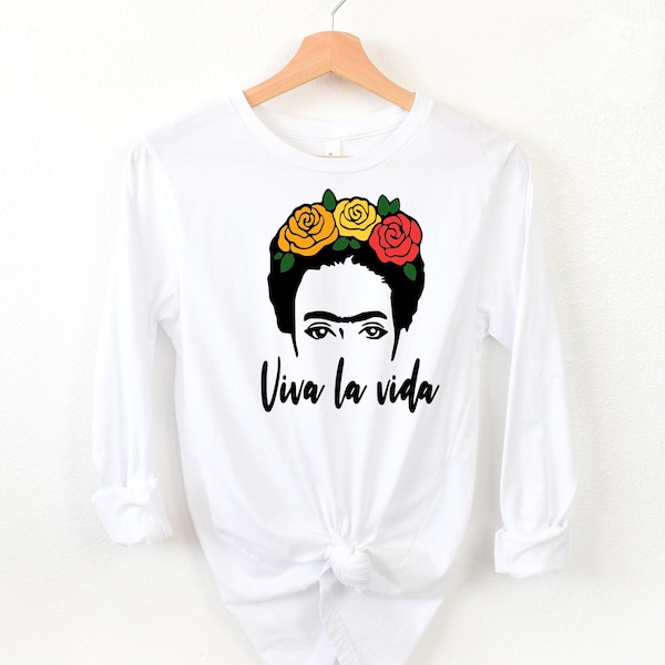 Frida Khalo Viva la Vida, Heart of Mexico. Mexican Woman Painter and Artist. Cotton Unisex long and short slve shirt. Frida Khalo T-shirt.