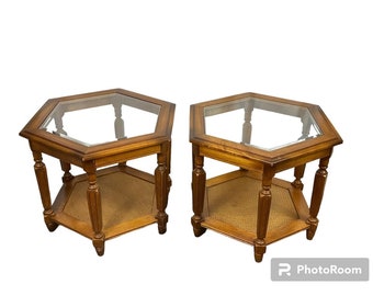 Set of Two Mid Century Hexagonal End Tables in Walnut Wood with Beveled Glass Top and Caned Shelf