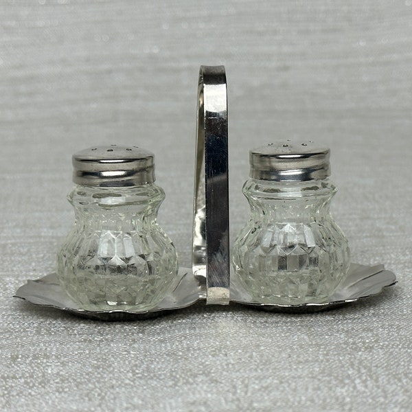 Vintage Silver Plate Top Diamond Point Glass Mini Salt & Pepper Shakers with Silver Plate Caddy