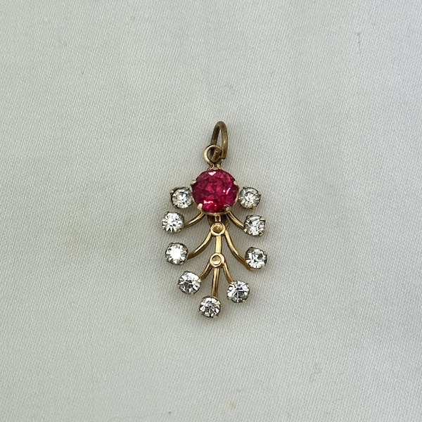 Vintage Van Dell 1/20 12K Gold Filled Pendant Pink & Clear Rhinestones on Branching Leaf Shape