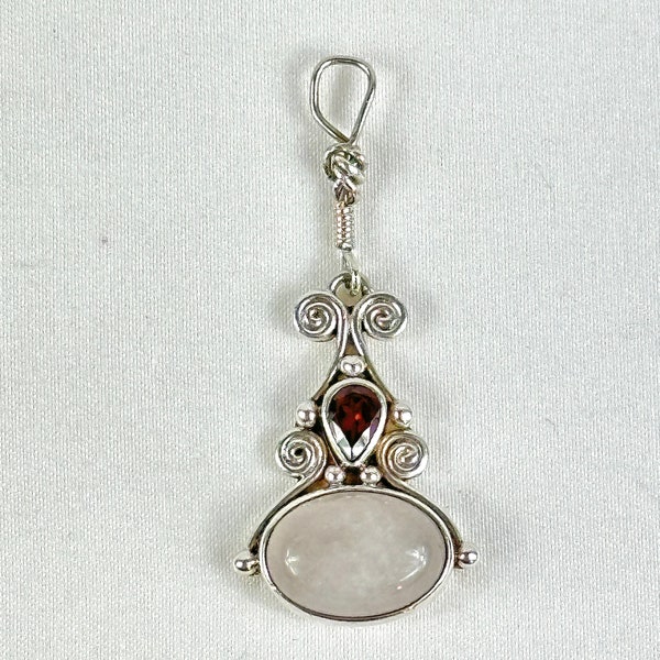 Vintage Handcrafted Sajen 925 Sterling Silver Pendant with Rose Quartz & Garnet Semiprecious Stones
