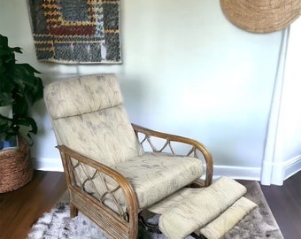 1980’s BarcaLounger Coastal Style Cerused Finish Rattan & Floral Upholstery Recliner Lounge Arm Chair