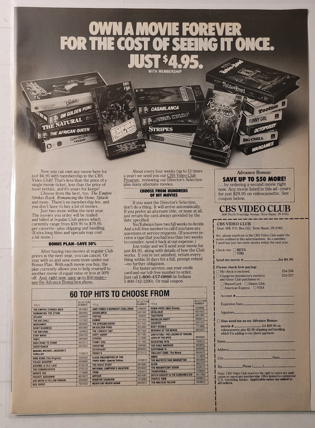 Vintage 1980s CBS Video Club Magazine Ad W/ Empire Strikes Back, Splash ...