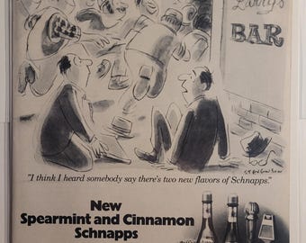 May include: Vintage advertisement for Arrow Schnapps featuring a cartoon scene outside a bar. The ad promotes new spearmint and cinnamon flavors. Two bottles of schnapps and small glasses are displayed. The bar is named "Larry's BAR".