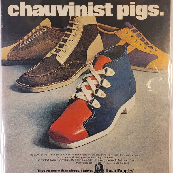 Vintage 1972 HUSH PUPPIES Men's Shoes "Male Chauvinist Pigs" Magazine Advertisement