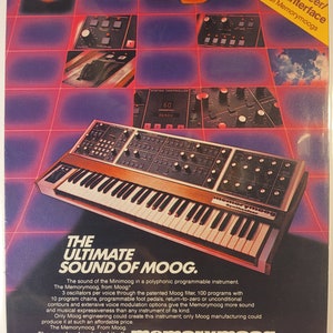 Anúncio da revista MOOG MemoryMoog Synthesizer vintage dos anos 80
