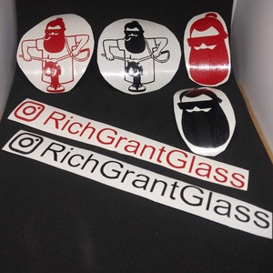 May include: Set of five stickers featuring a bearded man with a bun in his hair. The man is holding a metal rod and a hammer. The stickers are in black and white and red. The stickers also include the text "RichGrantGlass" and an Instagram logo.
