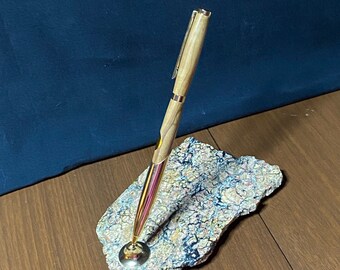 Authentic Bethlehem Olive Wood Handcrafted Pen with Gemstone Executive Desk Pen Holder! Comes with a Certificate of Authenticity, Great Gift