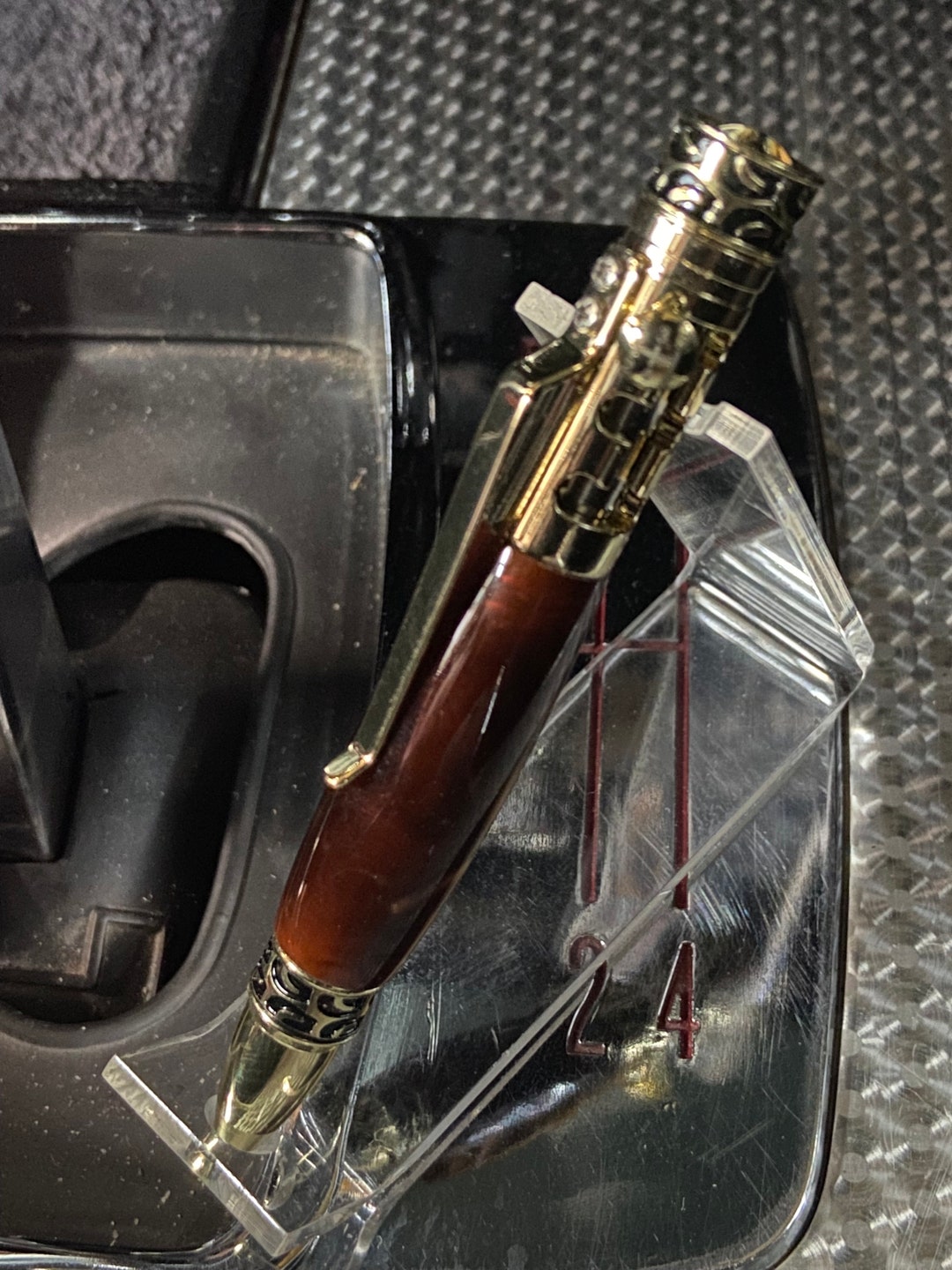 Mini Chrome Gear Shift Pen Only 41/8 Inch Long With a Brown and Gold