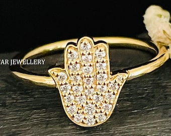 Anillo de diamantes cultivados en laboratorio Hamsa, anillo de mal de ojo hecho a mano