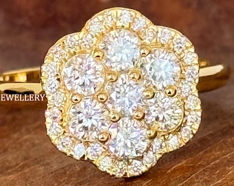 Lab Grown Diamond Flower Ring: CVD Halo Engagement, Wedding Ring 14k Solid Gold Proposal Ring For Her