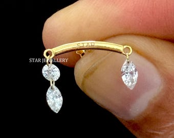 14K Gold Lab Grown Diamond Threaded Earring: Marquise & Round Drape Helix Stud