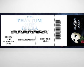 Phantom of the Opera Musicsl Custom Theatre Ticket Fake | Surprise Theatre Ticket | Ticket Show | Birthday  | Personalised | Musical Ticket