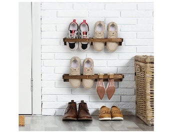 Wooden Wall Mounted Shoe Rack Storage Organizer with Rustic Burnt Wood Finish, Hanging Footwear Holder for Closet, Mudroom, Entryway