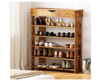 Wooden Shoe Rack with Storage Cabinet, 29.5 inches Vertical Free Standing Shoe Shelf, Shoe Organizer Storage Cabinet for Entryway