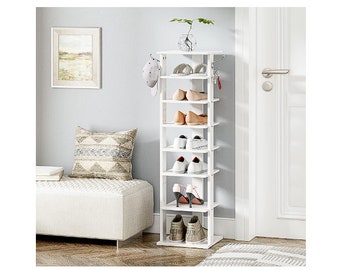 Shoe Rack 8 Tier Shoe Storage Organizer with Hooks, Narrow Shoe Rack for 8 Pairs, Space Saving, Stable and Strong, for Entryway