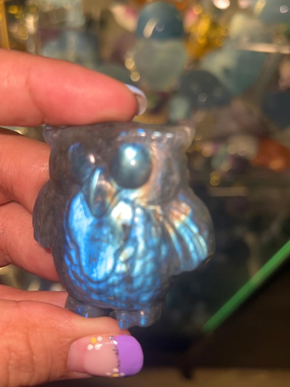 full flash owl labradorite flat back with holder