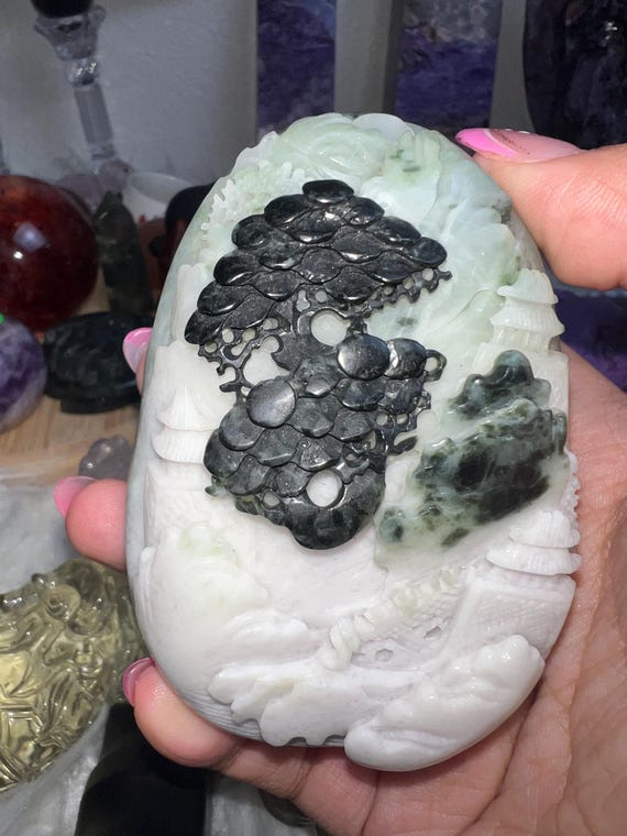 white jade with dark green jade mini landscape handpiece landscape