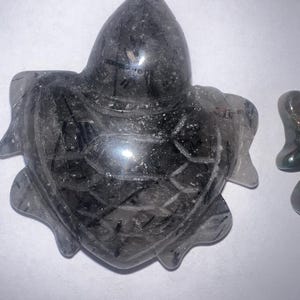 May include: A carved, dark gray crystal turtle figurine with a textured surface. The turtle has a pointed head and flipper-like appendages. The crystal has black inclusions and is set against a white background.