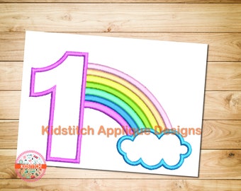 May include: A purple number one with a rainbow and a blue cloud. Kidstitch Applique Designs.