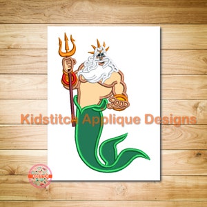 King Triton Mermaid Digital Machine Embroidery Applique Design, Triton Little Mermaid Applique 3 Sizes
