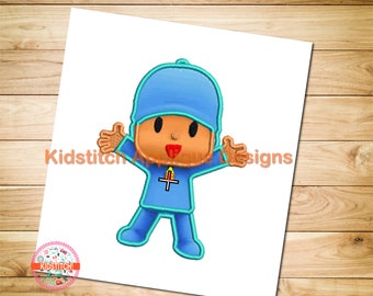 May include: A cartoon character with brown skin, a blue hat, and a blue shirt with a cross on it. The character is smiling and has a red tongue sticking out.