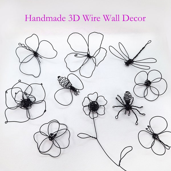 Set of handmade 3D wire sculptures wall decor/minimalist wire art wall hanging/3D Wire butterfly/Wire spider/wire dragonfly/3d wire flowers