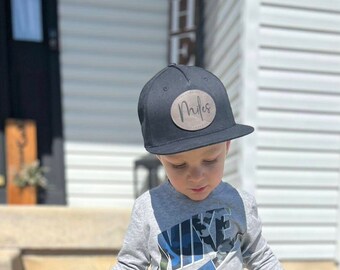 Custom flat brim hat, snap back hat, black toddler hat, youth hat, personalized kids hat, custom name hat, leatherette patch, name patch