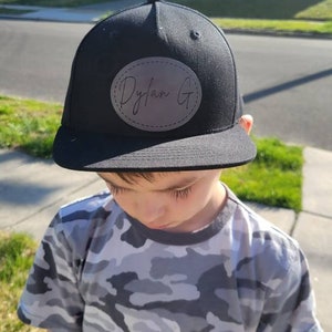 Custom flat brim hat, snap back hat, black toddler hat, youth hat, personalized kids hat, custom name hat, leatherette patch, name patch image 5