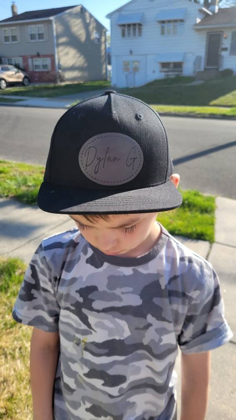 Custom flat brim hat, snap back hat, black toddler hat, youth hat, personalized kids hat, custom name hat, leatherette patch, name patch image 5