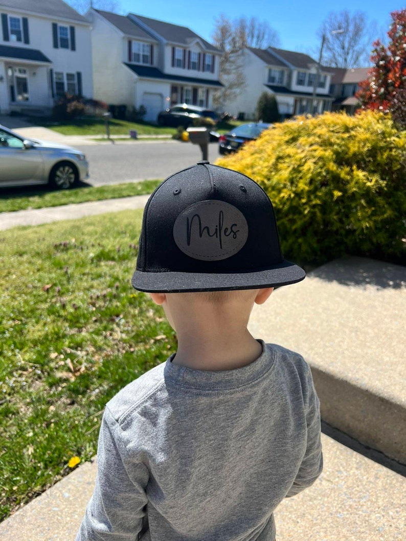 Custom flat brim hat, snap back hat, black toddler hat, youth hat, personalized kids hat, custom name hat, leatherette patch, name patch image 4