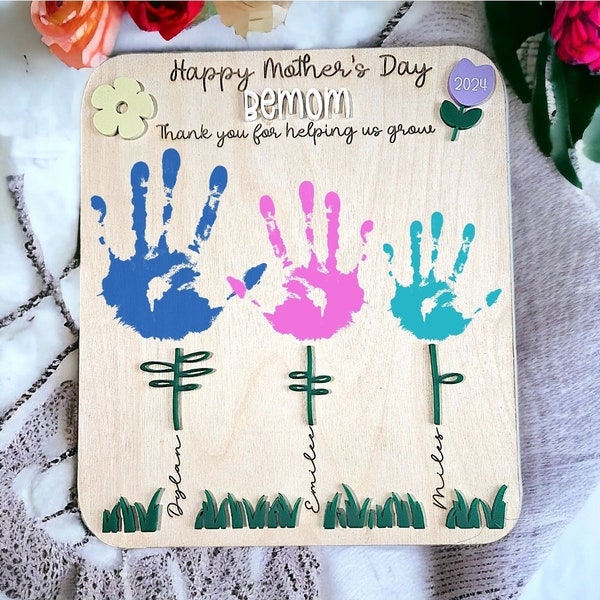 Flower Handprint board for kids gift to mom or grandmother, custom wood and acrylic craft for children to use hands