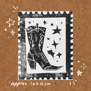 Linoprint cowboylaars (10 x 12 cm) - western linoprint, kaart linoprint, cowboyillustratie