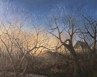 Pintura original de un amanecer invernal: decoración rústica para el hogar (91 x 101 cm)