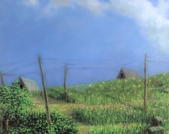 Può includere: Un campo erboso verde con una recinzione in legno in primo piano. Due piccoli edifici in legno sono visibili sullo sfondo, con un cielo blu e nuvole bianche sopra.